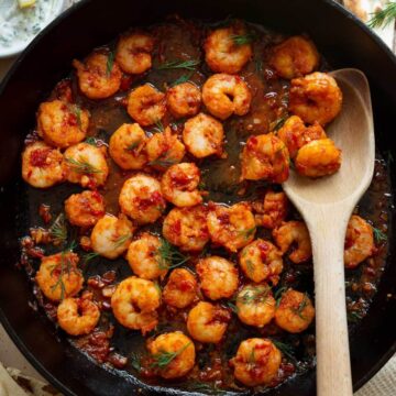 sweet and spicy harissa shrimp skillet