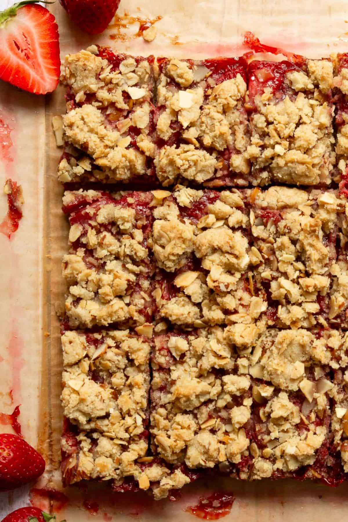 healthy strawberry bars with an oatmeal shortbread base and crumble on top