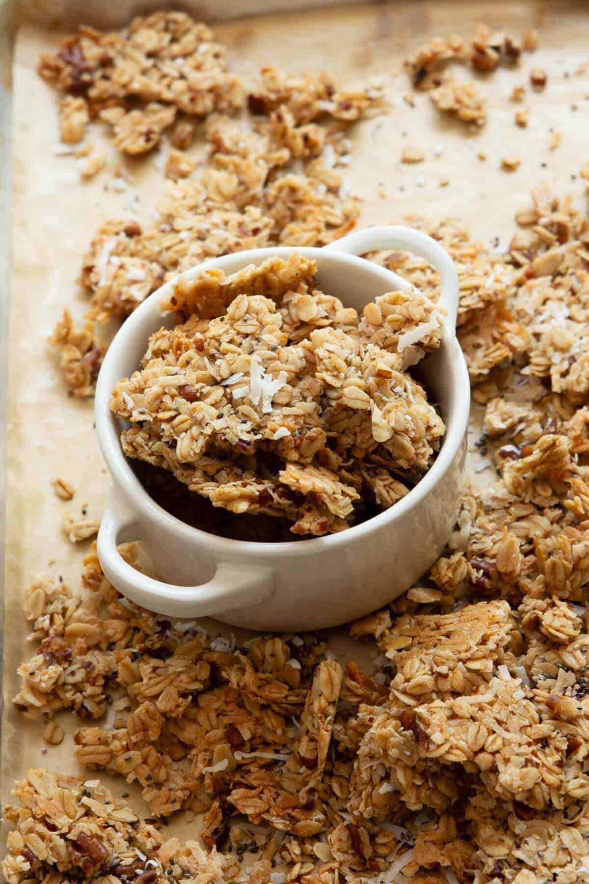 clusters of coconut granola with pecans and shredded coconut