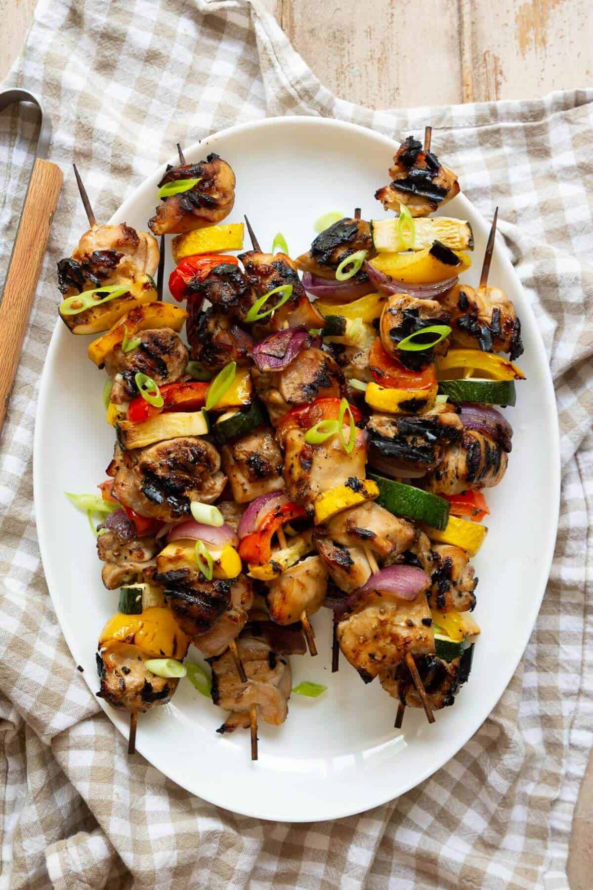 grilled chicken kebabs with bell peppers and zucchini marinated in a sweet and savory homemade honey soy miso sauce