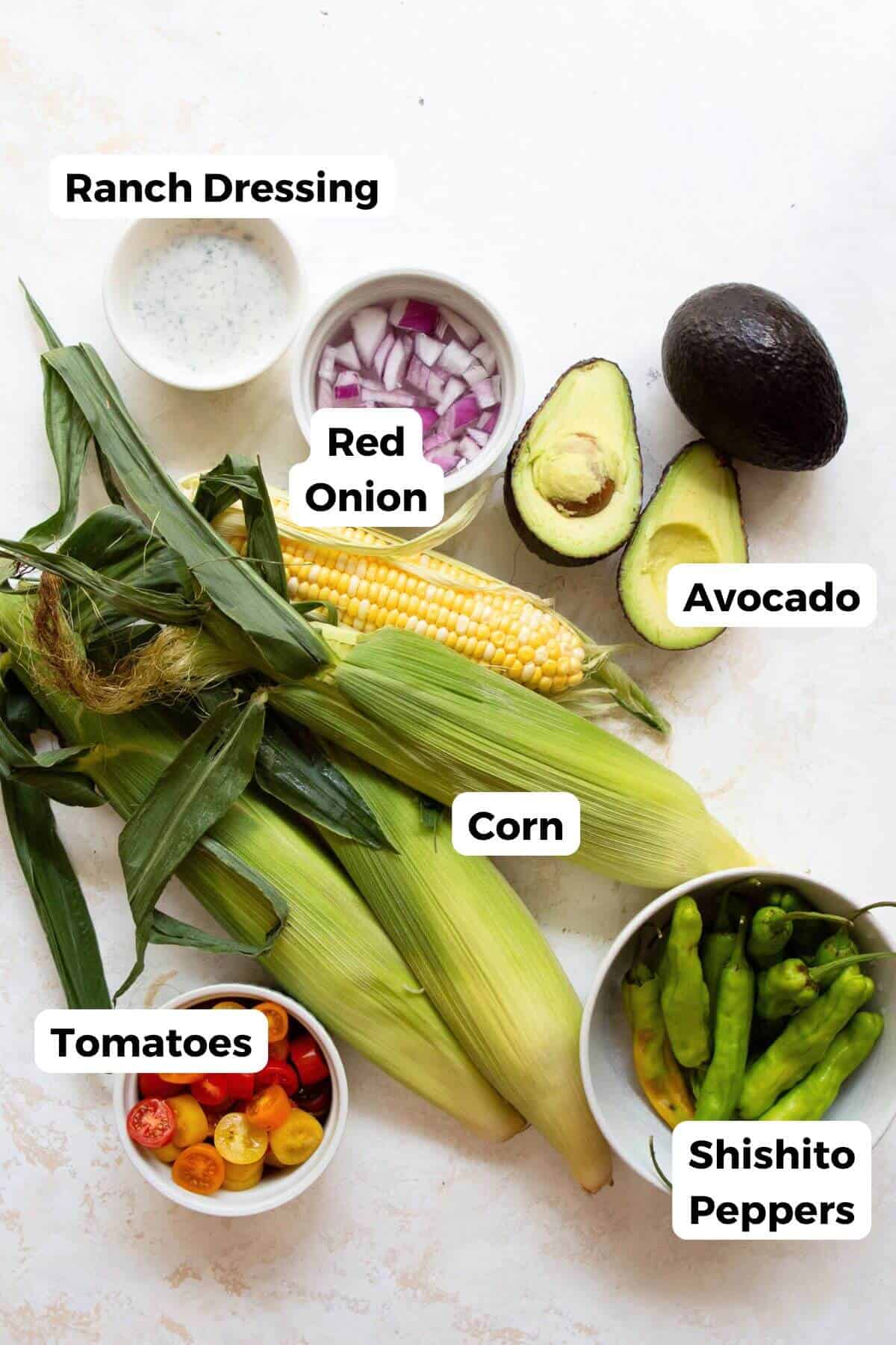 All ingredients for Summer Avocado Corn Salad laid out with labels - fresh corn, shishito peppers, cherry tomatoes, avocado, red onion, Greek yogurt, herbs, and spices for the ranch dressing.