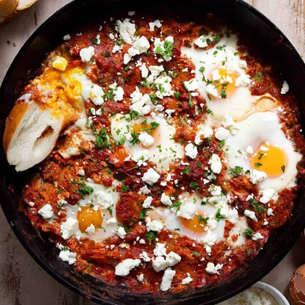 Healthy shakshuka with poached eggs, tomato sauce, and feta cheese served in a cast iron pan