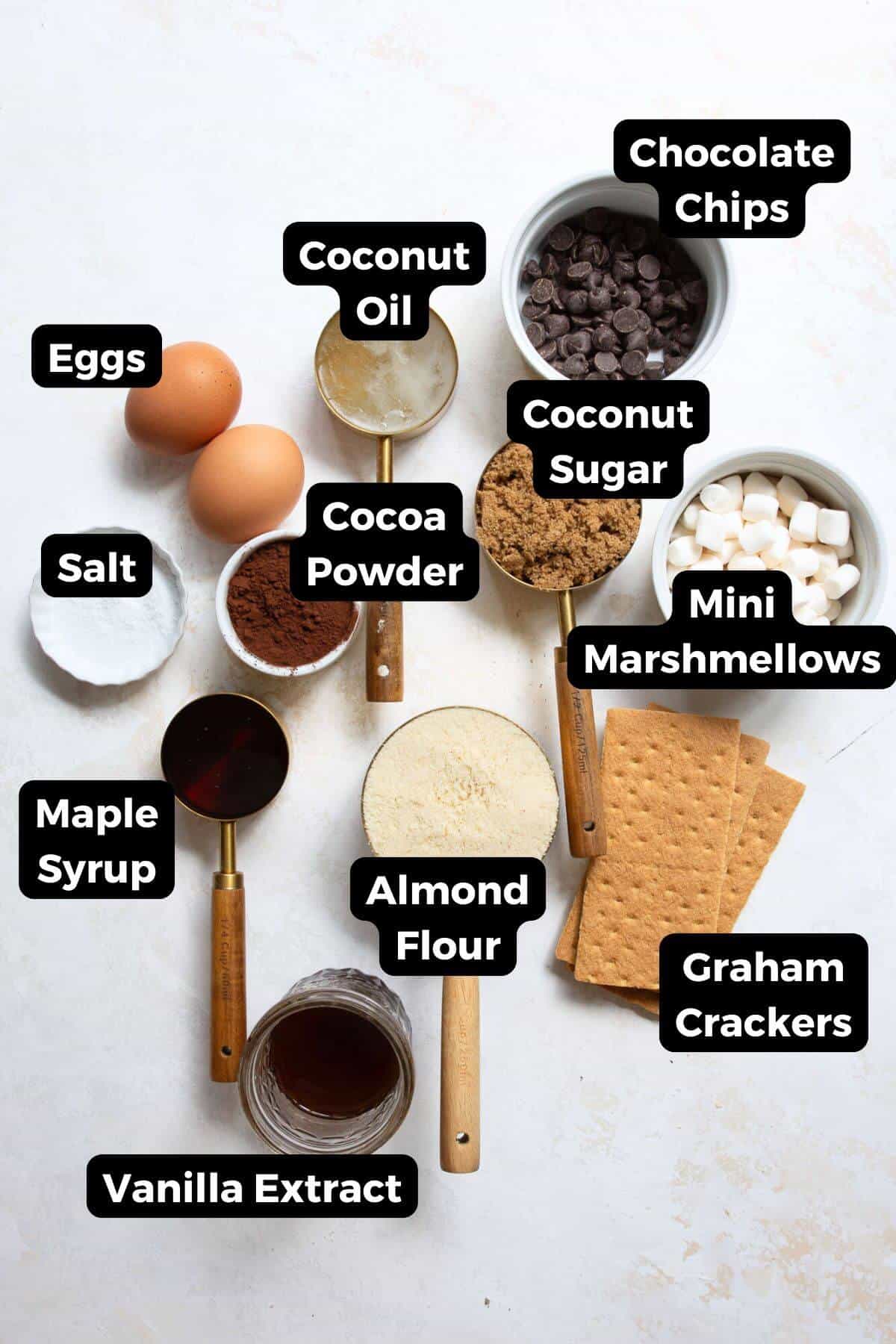 All ingredients for healthy s'mores brownies in small bowls with labels, including almond flour, cocoa powder, coconut sugar, maple syrup, chocolate chips, eggs, coconut oil, vanilla, salt, mini marshmallows, and graham crackers.