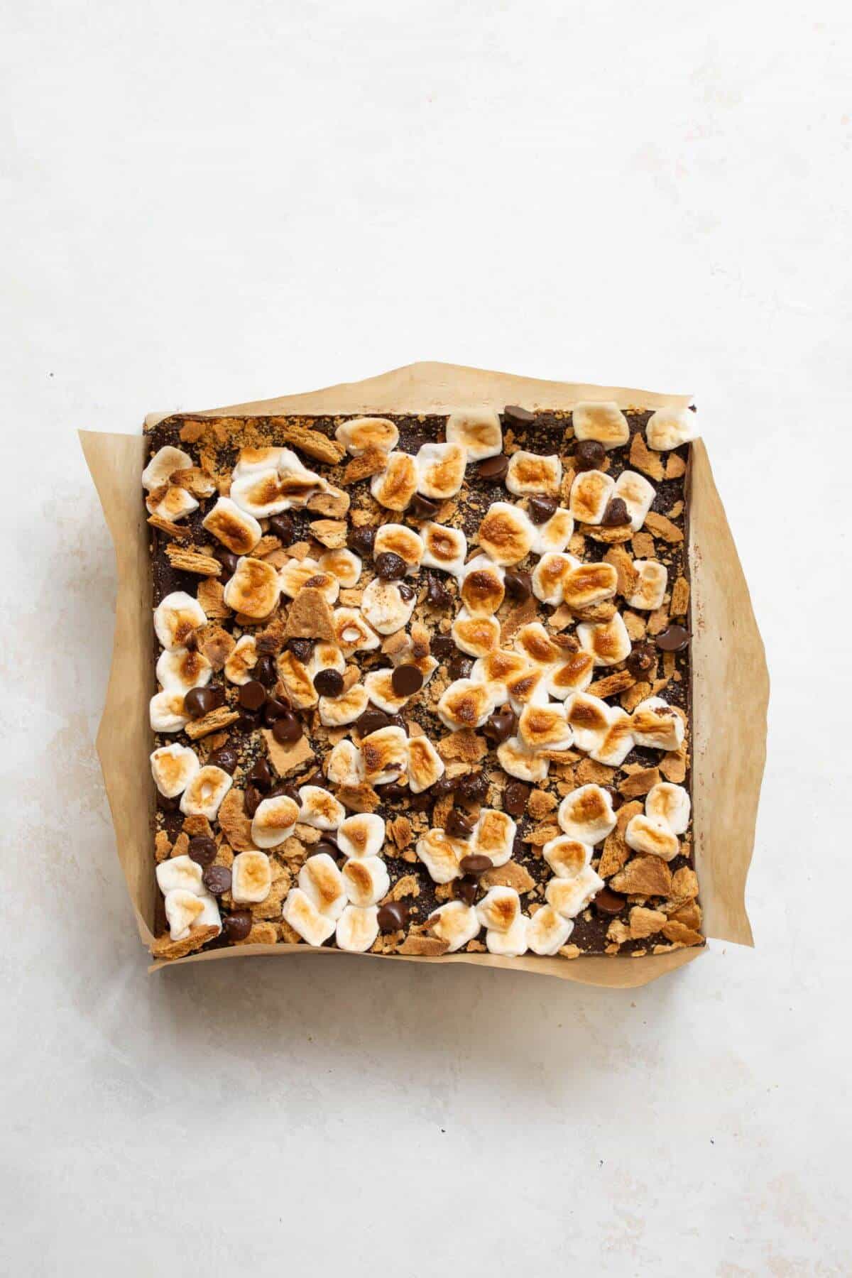 Fudgy s'mores brownies cooling before slicing.