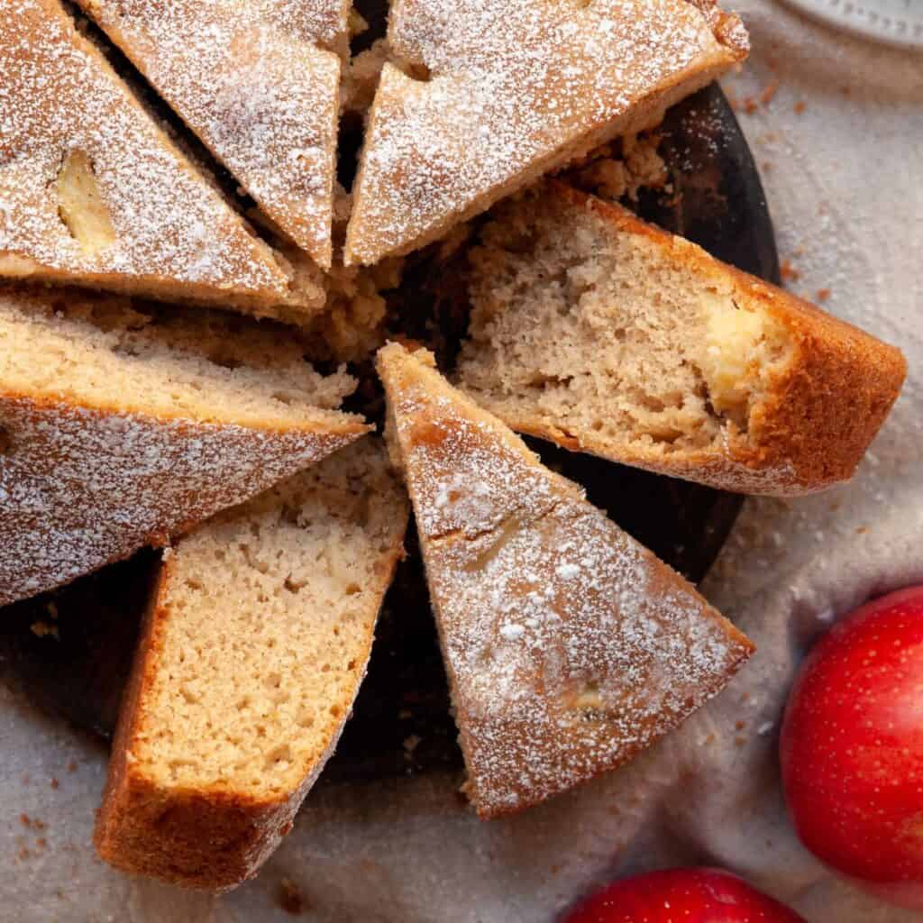 Super soft, tender, and moist gluten-free apple cake with warm cinnamon apple chunks.