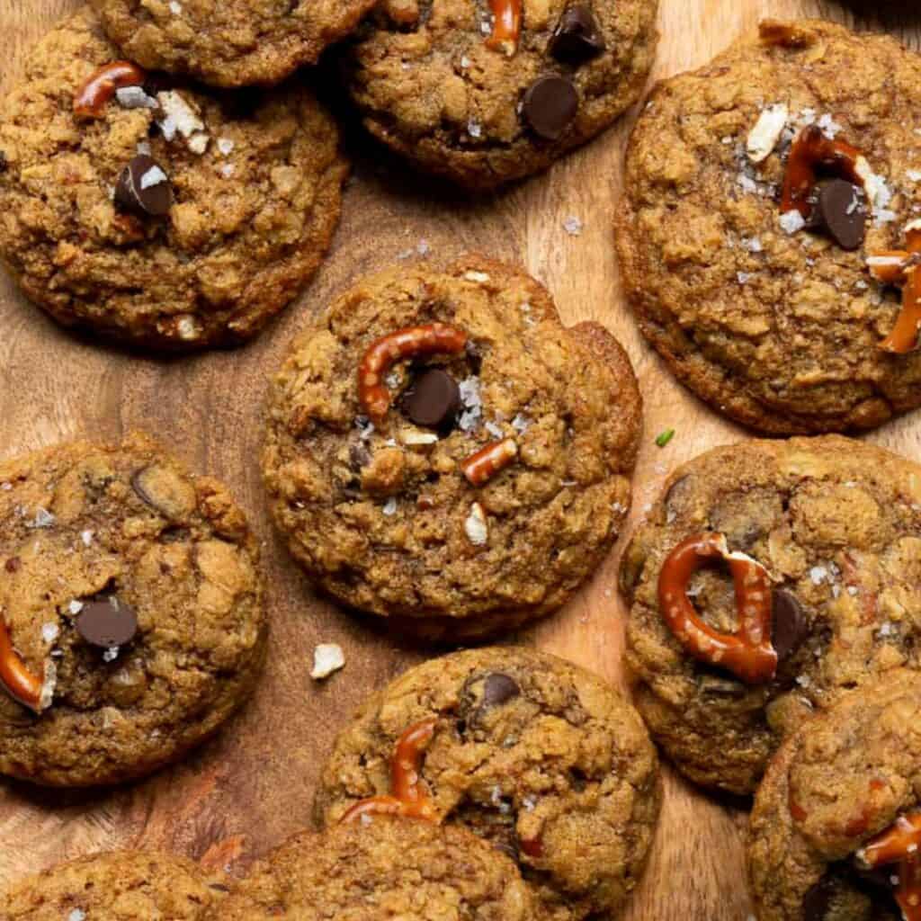 Chewy, healthy almond flour cowboy pretzel cookies with chocolate chips and flaky sea salt.