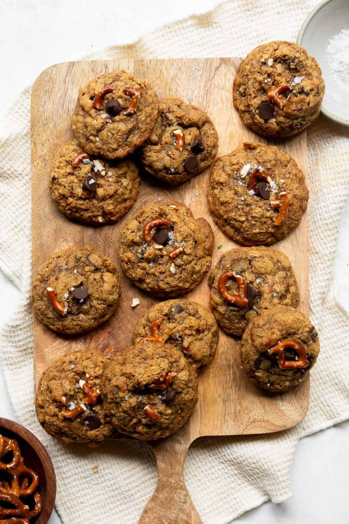 Gluten-free cowboy cookies made with almond flour, pretzels, and chocolate chips.