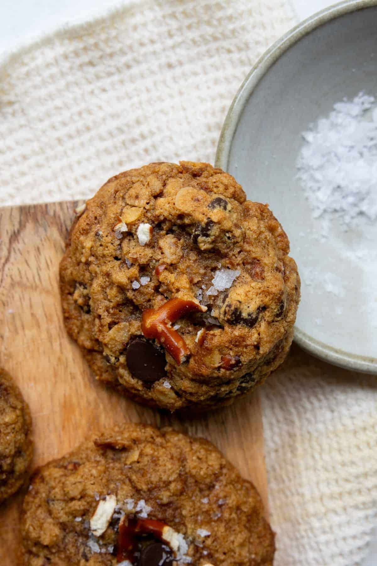 Healthy almond flour cowboy pretzel cookies with oats, pretzels, and chocolate chips.
