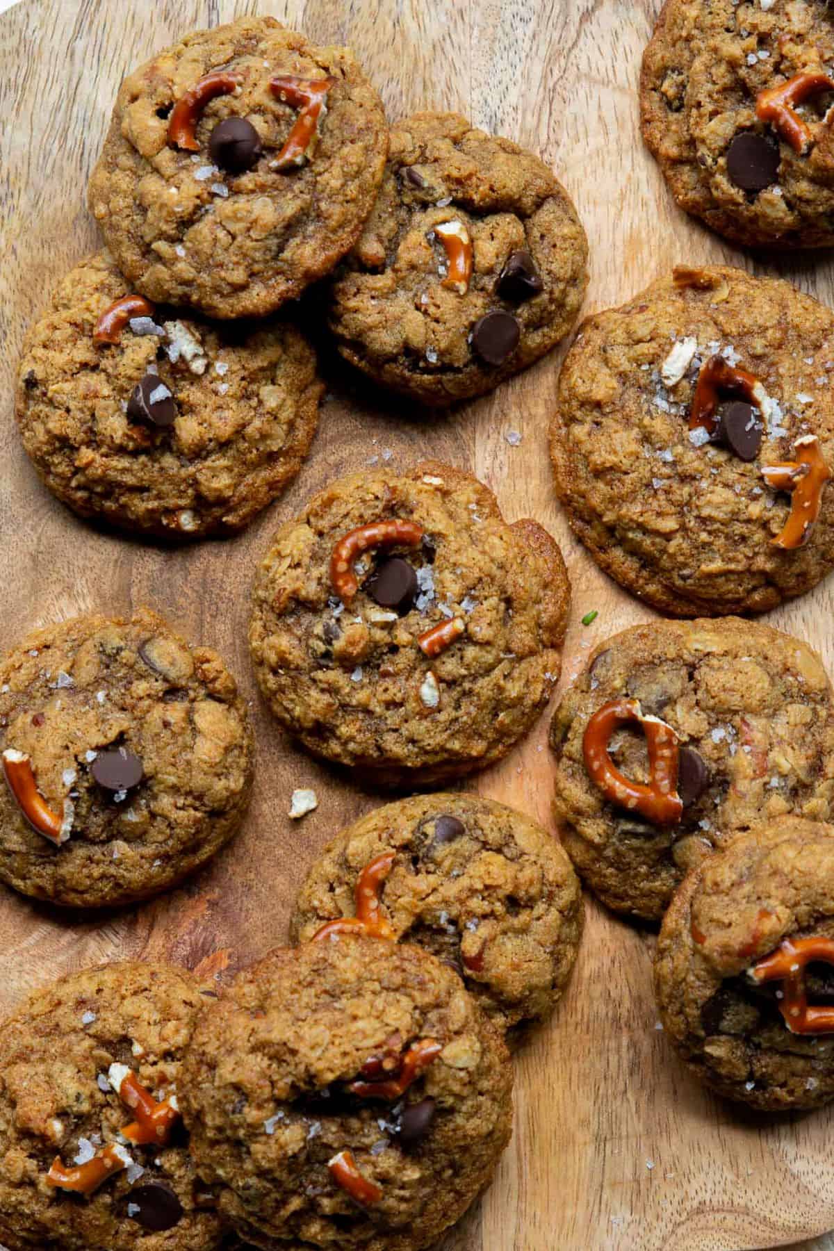 Thick and chewy healthy cowboy pretzel cookies with chocolate chips, oats, and flaky sea salt.