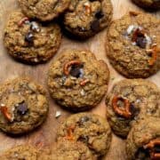 Chewy, healthy almond flour cowboy pretzel cookies with chocolate chips and flaky sea salt.