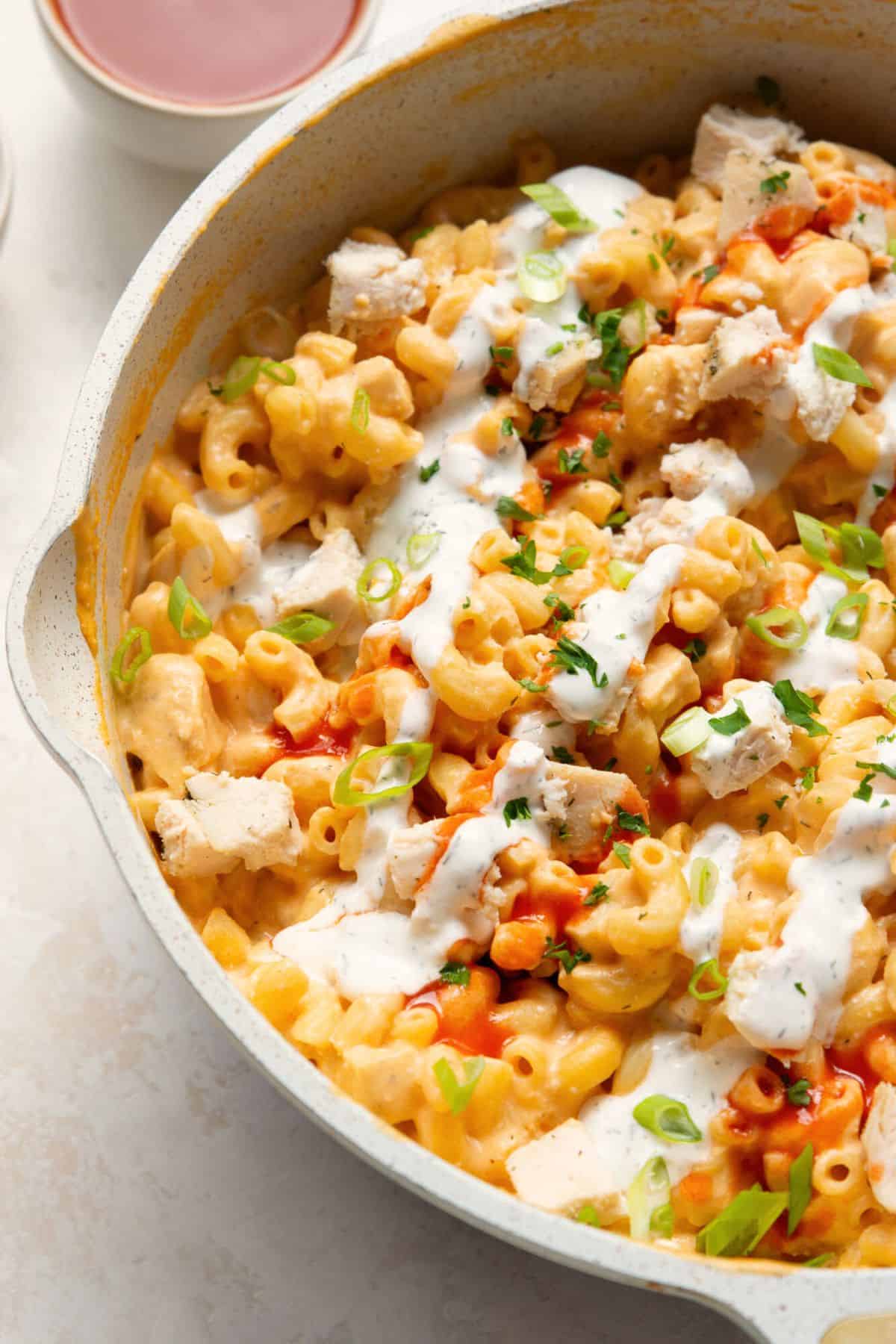 Easy buffalo chicken mac and cheese made with cottage cheese.