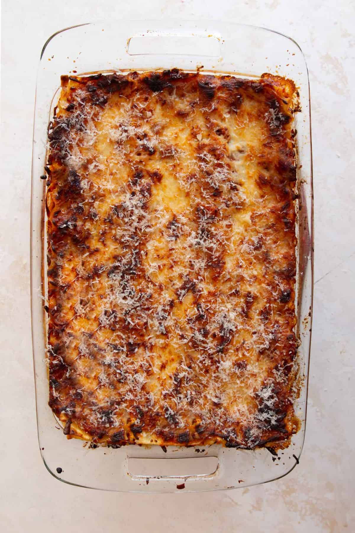 Baked healthy cottage cheese lasagna with golden melted cheese on top.