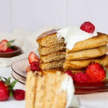 Fluffy oat flour buttermilk pancakes with soft tender center and buttery, crisp edges.