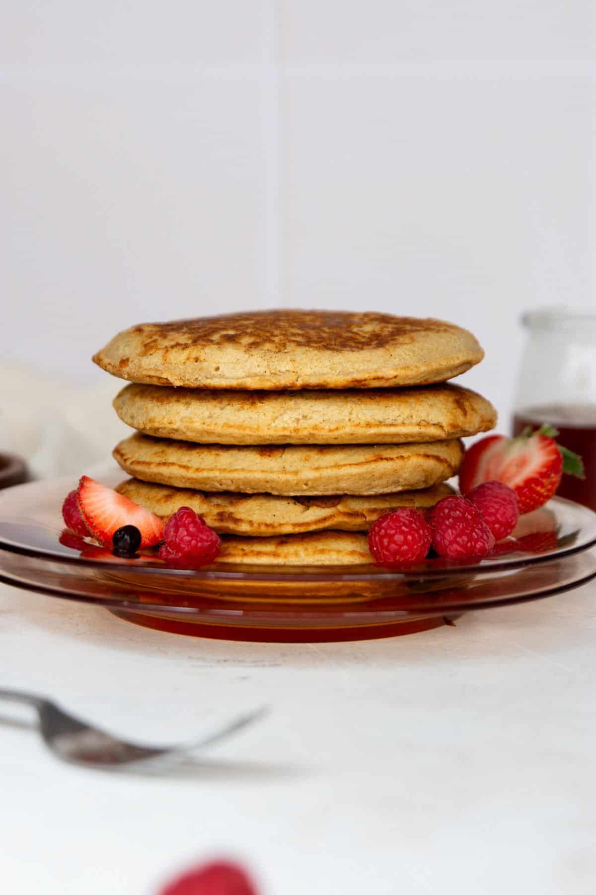 Stack of oat flour pancakes before adding toppings.