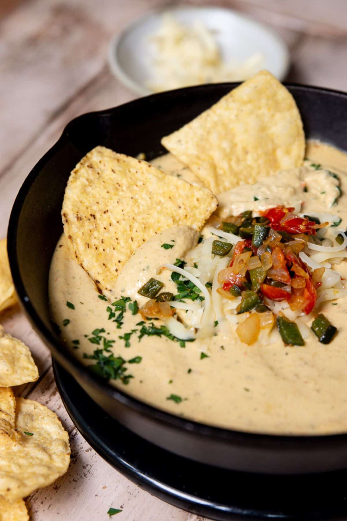 The creamiest high-protein cottage cheese queso with tortilla chips.