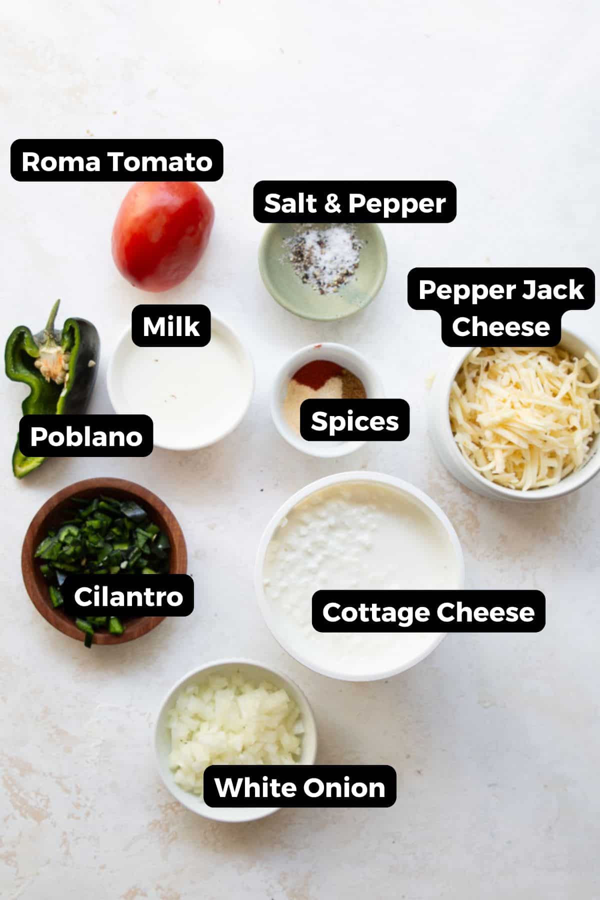Ingredients for cottage cheese queso dip labeled in bowls: cottage cheese, shredded pepper jack cheese, poblano pepper, Roma tomato, white onion, milk, spices, cilantro, and salt and pepper.