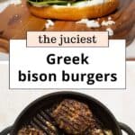 Greek bison burger with feta, tzatziki, tomato, and red onion on a brioche bun.