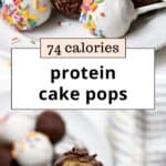 Protein cake pops dipped in white and dark chocolate with sprinkles, and a hand holding a chocolate-dipped pop bitten to show the vanilla cake inside