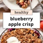 Healthy blueberry apple crisp with vanilla ice cream in a bowl and in a pie dish