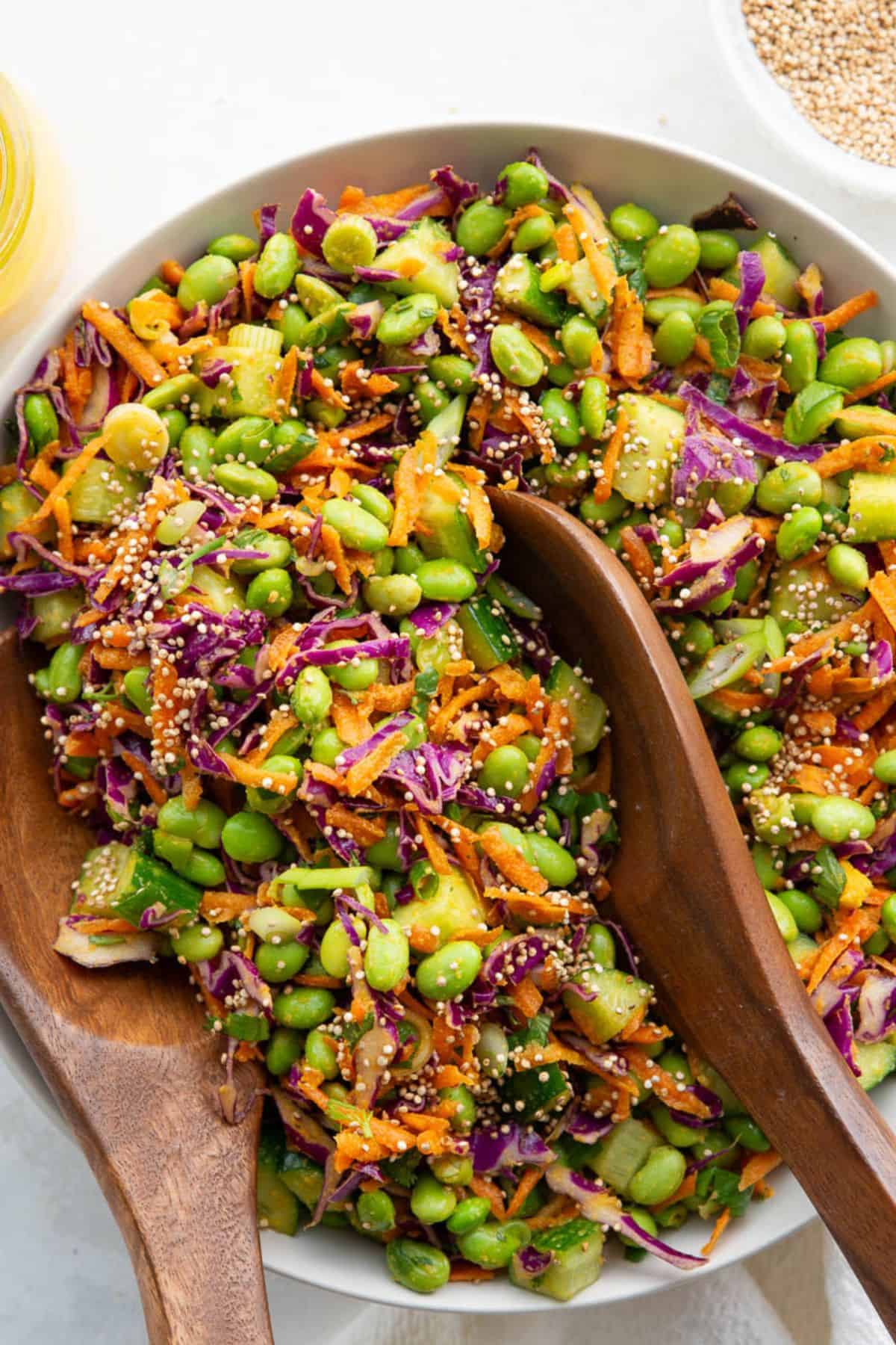 Close-up of a crunchy edamame salad with puffed quinoa, red cabbage, carrots, and cucumber.