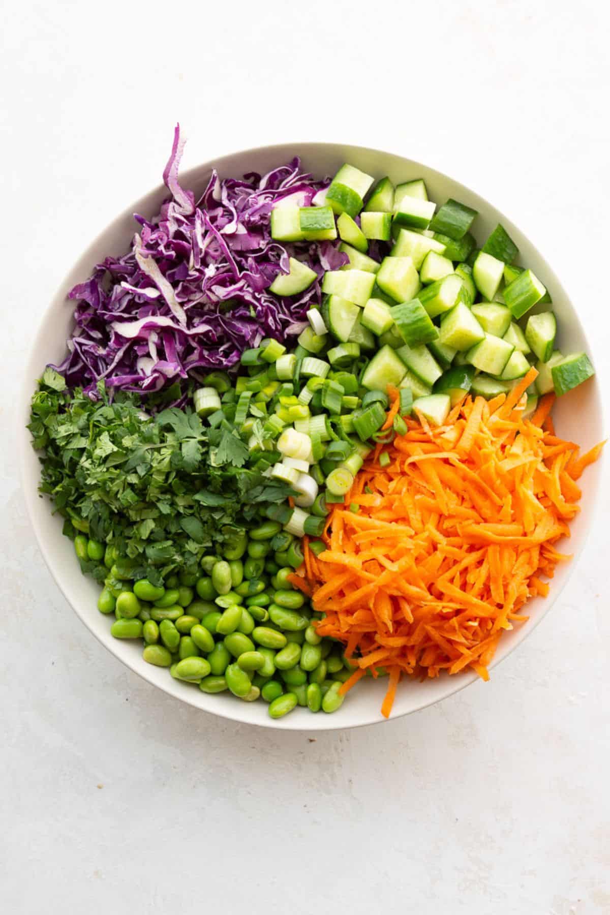 Edamame crunch salad ingredients arranged in sections in a white bowl: shelled edamame, shredded red cabbage, chopped cucumber, grated carrots, green onions, and cilantro.