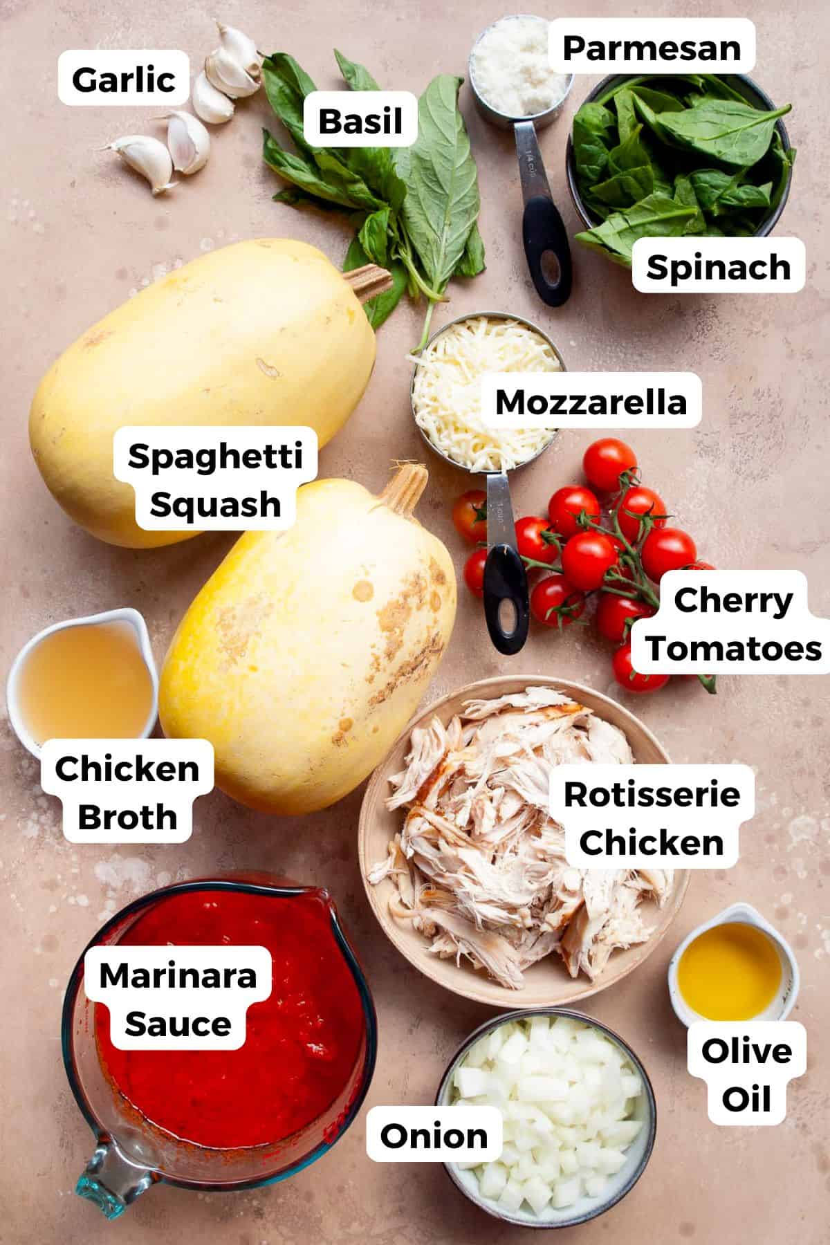 Labeled ingredients for chicken parmesan stuffed spaghetti squash including spaghetti squash, rotisserie chicken, marinara, cherry tomatoes, spinach, basil, mozzarella, and parmesan.