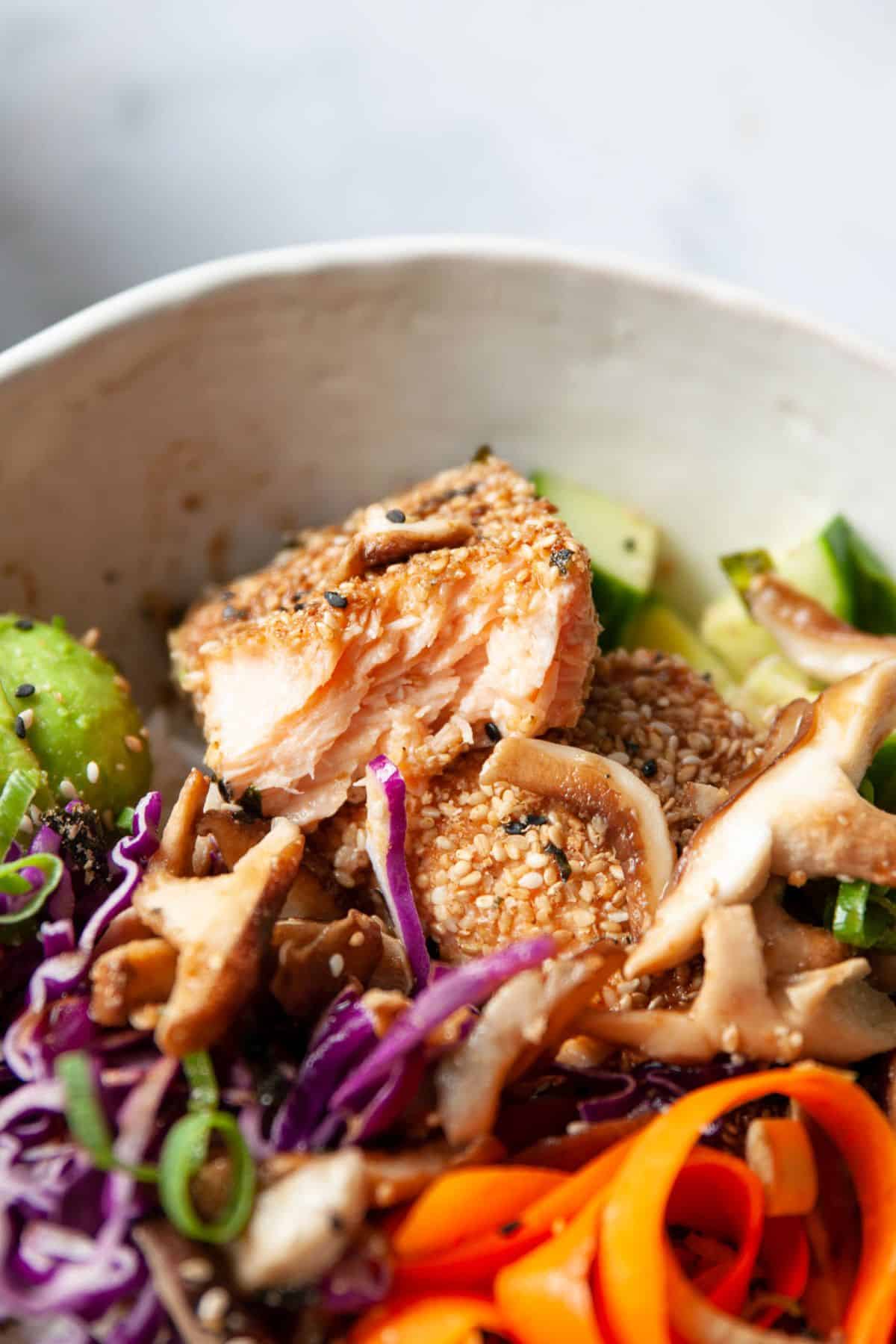 Close up of flaky furikake crusted salmon broken open over rice with shiitake mushrooms and cabbage.
