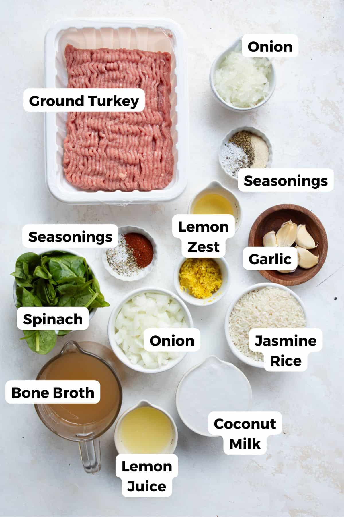 Labeled ingredients for Greek turkey meatballs with lemon rice: ground turkey, onion, garlic, lemon zest, lemon juice, jasmine rice, bone broth, coconut milk, spinach, and seasonings.