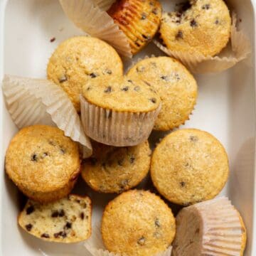 Healthy chocolate chip protein muffins that are soft and fluffy.