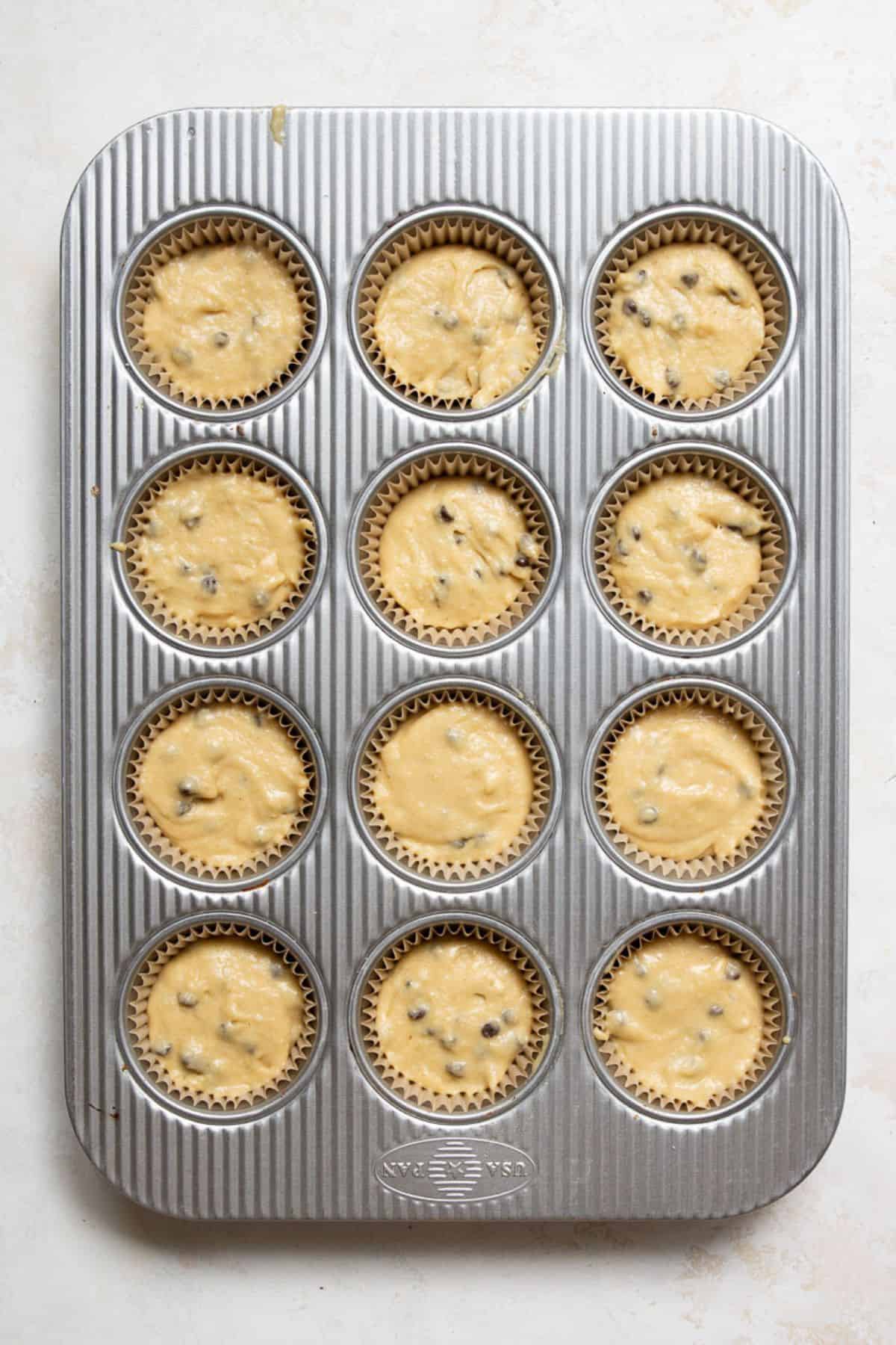 Chocolate chip protein muffin batter divided between twelve lined muffin cups.