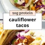 Roasted cauliflower tacos with avocado, red cabbage, and yogurt crema.