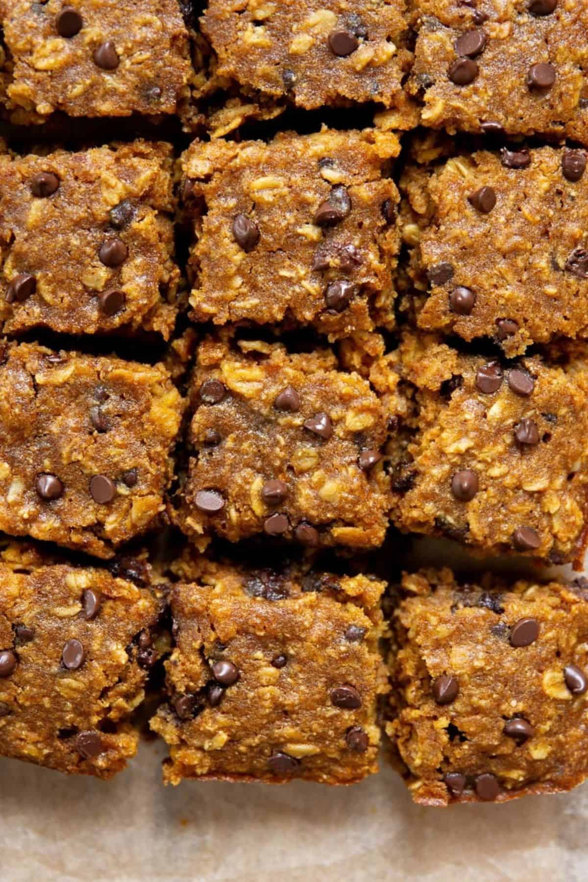 Close-up of healthy pumpkin oatmeal bars topped with mini chocolate chips.