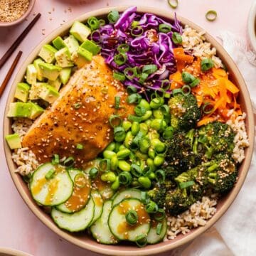 High-protein teriyaki salmon bowl with glazed salmon, avocado, edamame, crispy broccoli, and cucumber.