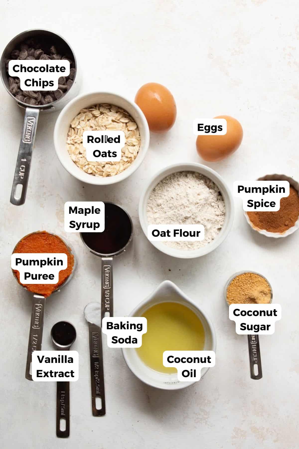 Labeled ingredients for pumpkin oatmeal bars, including pumpkin puree, oat flour, rolled oats, eggs, maple syrup, and chocolate chips.