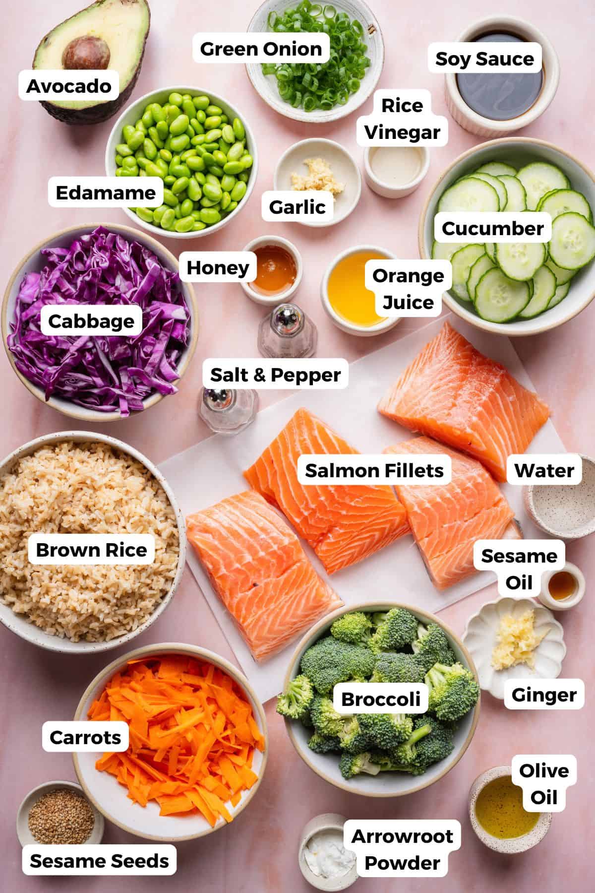 Labeled ingredients for teriyaki salmon bowls, including salmon fillets, broccoli, brown rice, edamame, and avocado.
