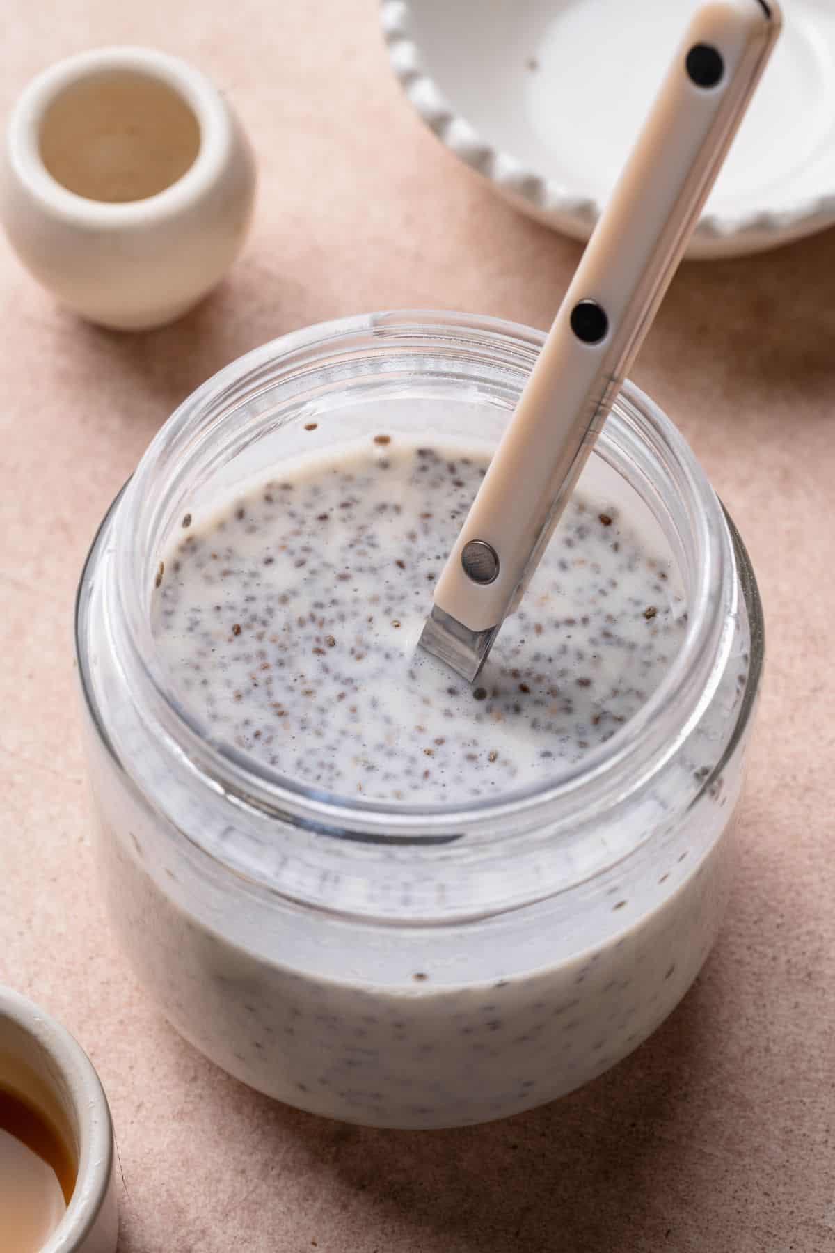 Coconut chia pudding mixture stirred again after resting 5 minutes.